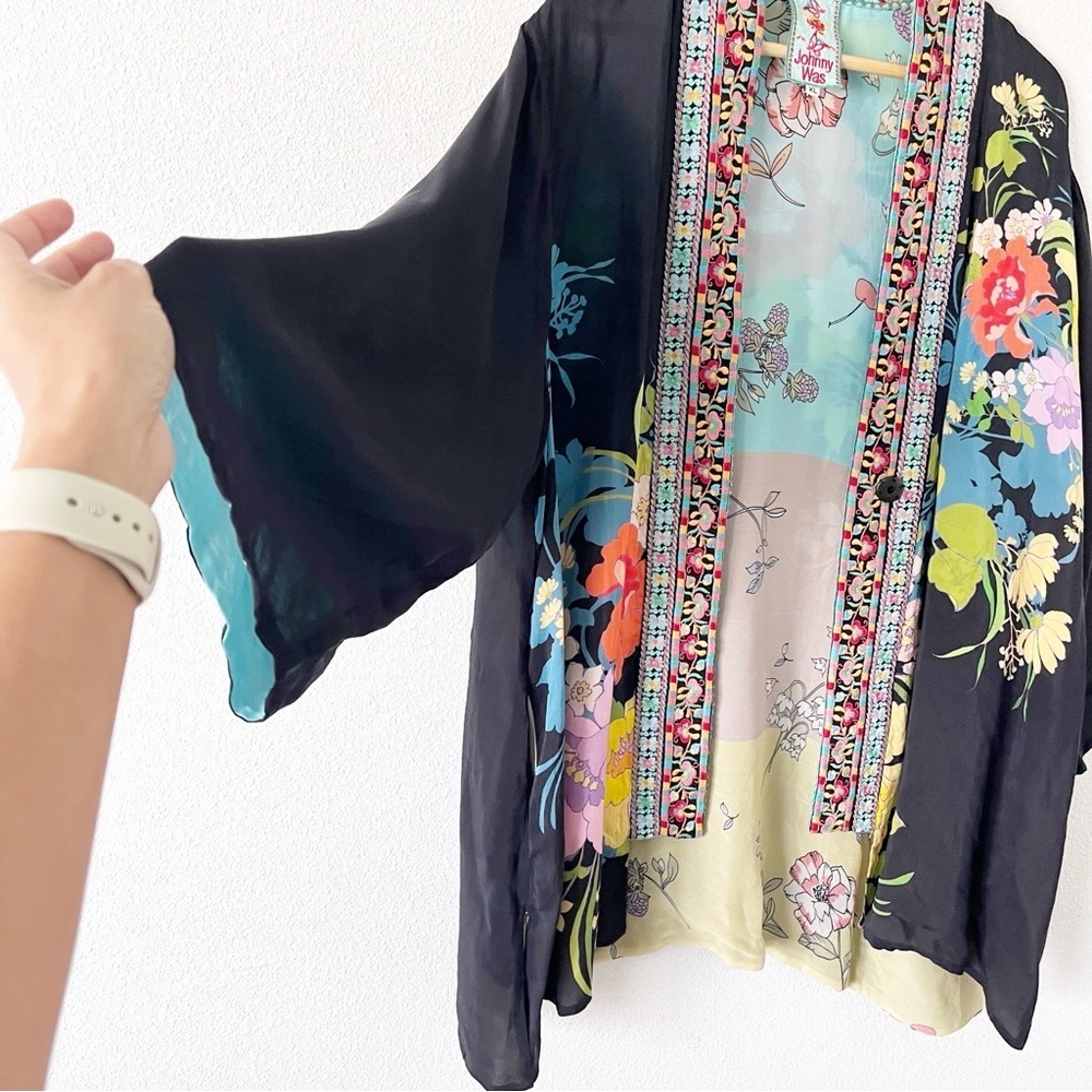 Johnny Was Reversible Fuska Kimono Black Floral Embroidered Boho Cardigan - Picture 5 of 8
